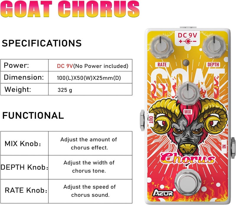 Azor Mini Chorus Guitar Pedal for Pedal Boards, Classic Goat Digital Chorus Effects Pedal for Electric Guitar AP511 - Image 2